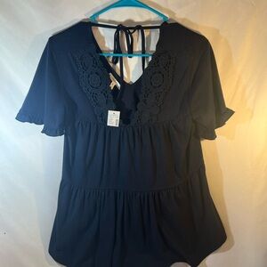 Maurices Dark Blue Blouse with Floral Lace